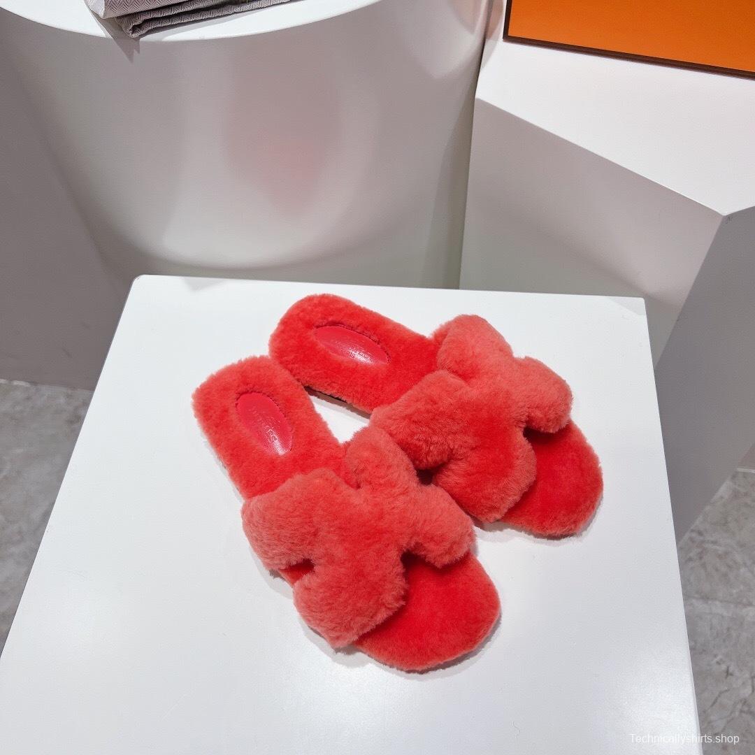 Hermès Teddy Wool H Slippers Flat Sole Fur Slides - LY00240