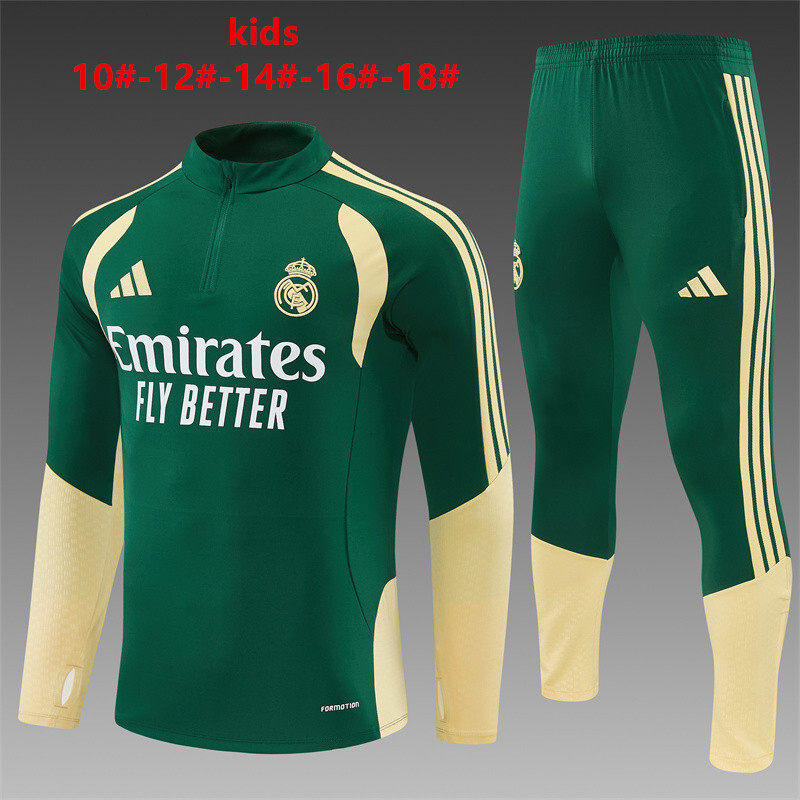 2026 Kids Real Madrid Green & Cream  Half Zipper Jacket Tracksuit + Long Pants