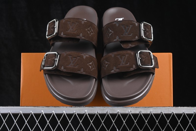 Louis Vuitton Venice Comfort Calfskin Suede Round-Toe Slide Sandals