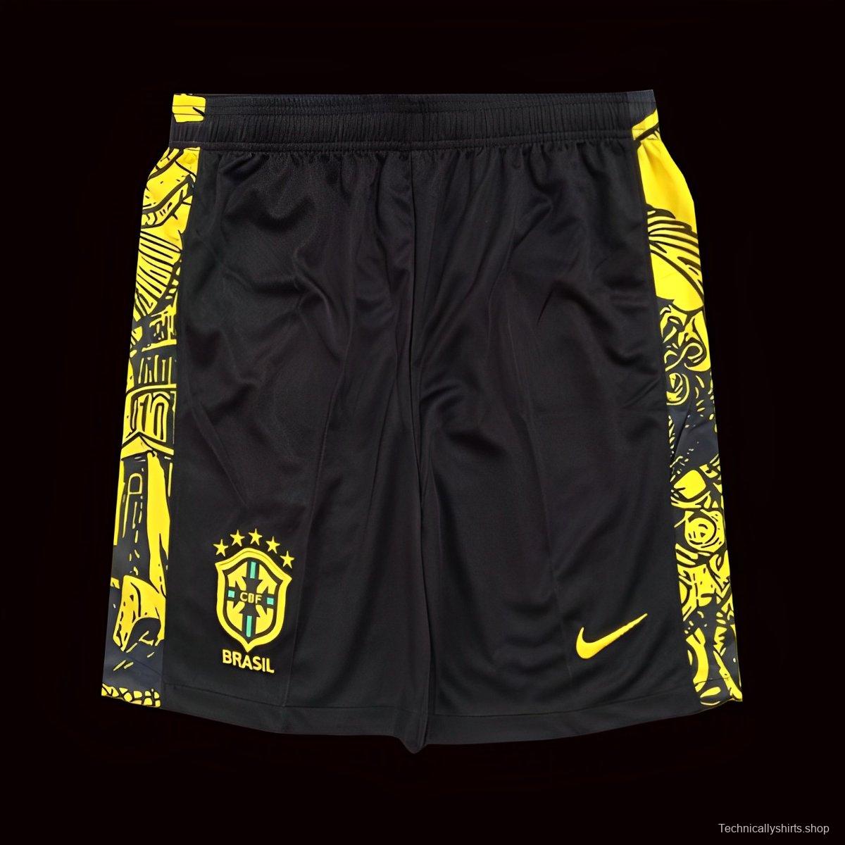 2024 Brazil Copa America Black Yellow Goalkeeper Shorts