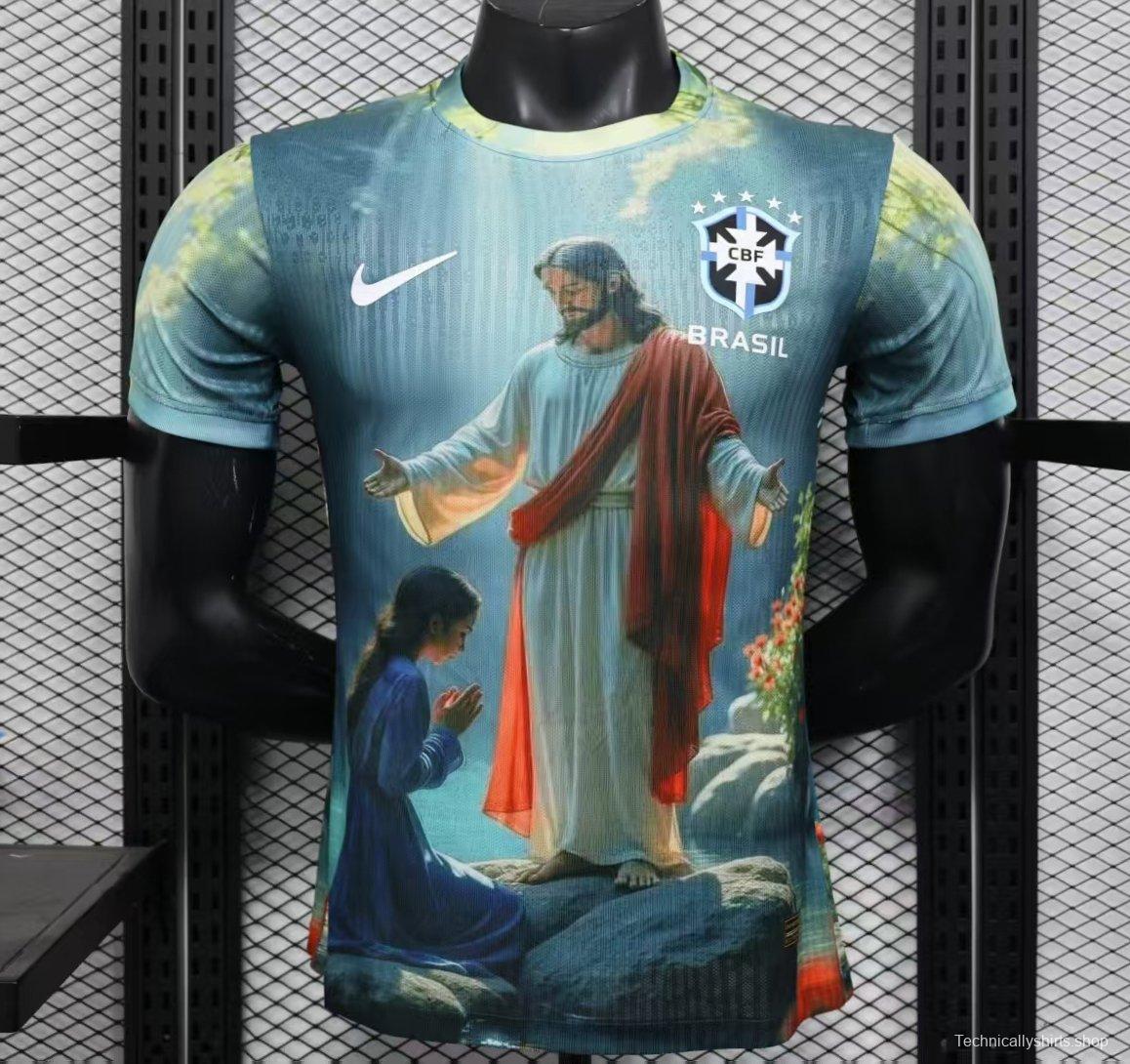 Player Version 2025 Brazil Light Blue with Jesus Christ Religious Artwork Jersey