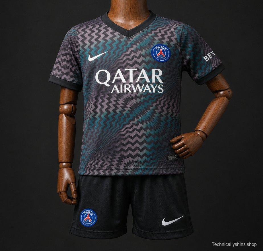 26/27 Kids PSG/Paris Saint-Germain Home Goalkeeper Black/Blue Zigzag Pattern Jersey